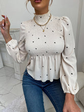 Heart Print Shirred Bishop Sleeve Stand Collar Blouse